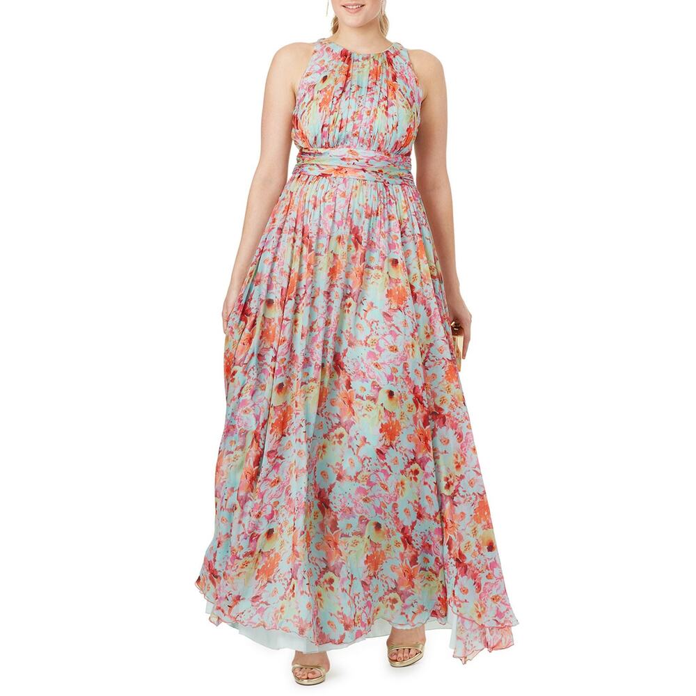 Badgley Mischka Utopia Pink Floral Silk Chiffon Maxi Dress Gown Plus Size 18